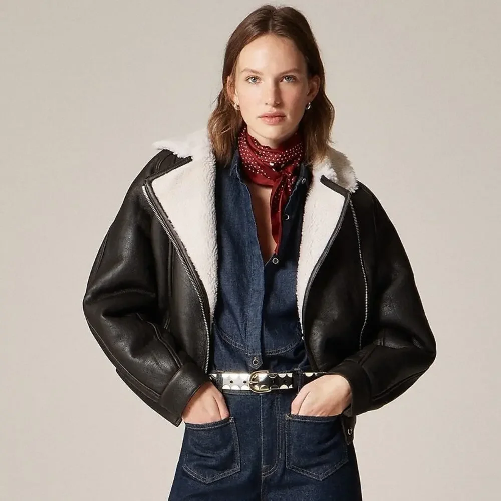 J. Crew Collection Lamb Leather Lamb Shearling Moto Jacket Black Size M NWT - Picture 2 of 16